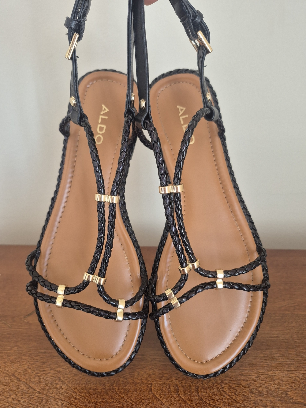 ALDO Women's Black Braided T-Strap Sandals with Gold Accents